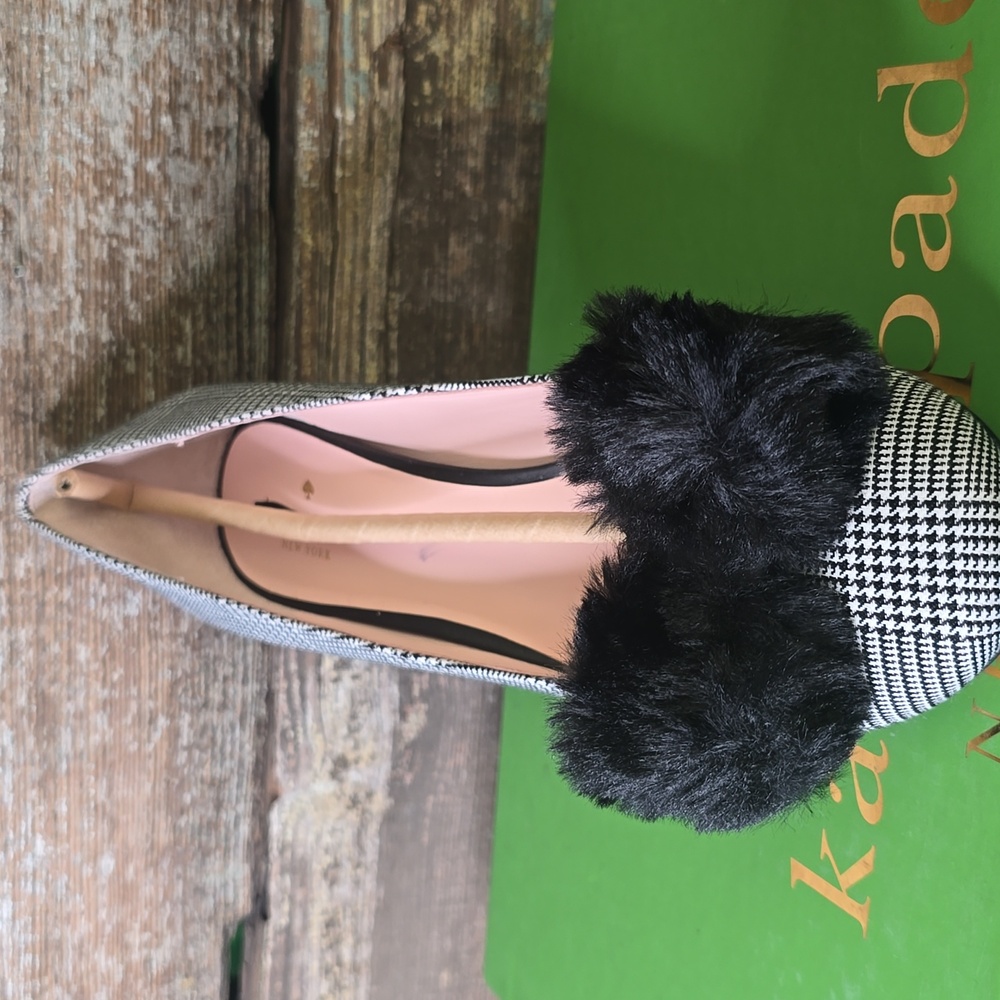 Kate Spade Black & White Plaid Pom-Pom Block Heel Pumps, Size 9 - Picture 2 of 5